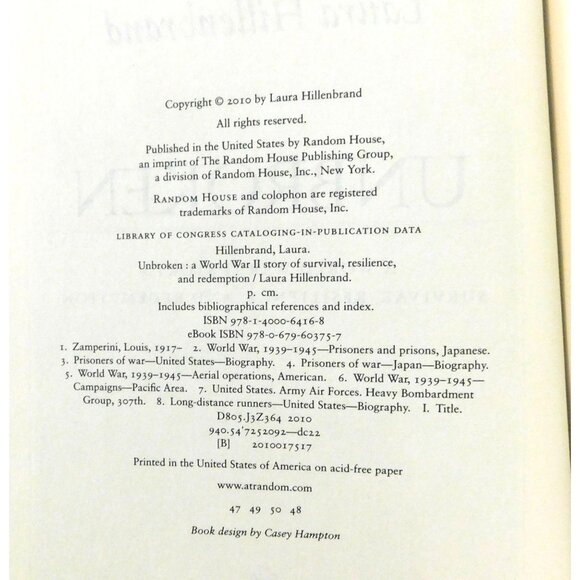 Unbroken By Laura Hillenbrand 2010 World War II Bestseller Hardcover Dust Jacket - Picture 5 of 5